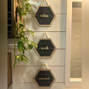 Set of 3 Bathroom Relax Soak Unwind Hexagon Bead Hanging Wall Art